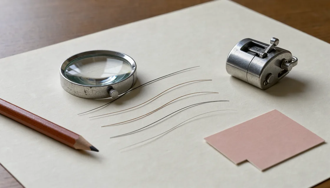 A counting lens, mechanical tally counter and loose hair strands arranged on a warm paper desk