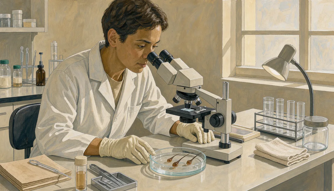 A technician looking through a microscope beside a shallow dish containing isolated hair follicles