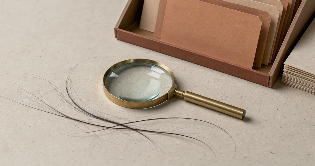 A magnifying lens, loose hair strands and blank terracotta file cards on a pale desk