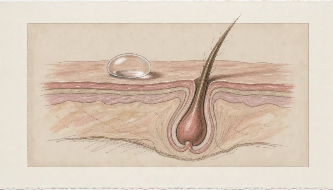 An illustrator’s cutaway of a hair-bearing skin sample beneath a rounded liquid droplet